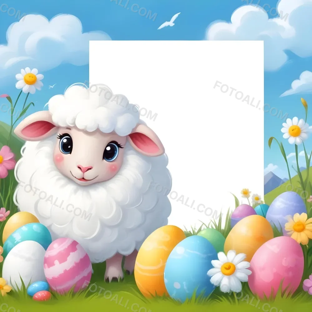 Digital Painting A Cute Cartoon Sheep With Fluffy White Wool And Rosy Cheeks Stands Beside A Blank White Rectangle The Sheep Has Large Expressive Eyes And Pink Ears Surrounding The Sheep Are Colorful Easter Eggs In 67 F9ce