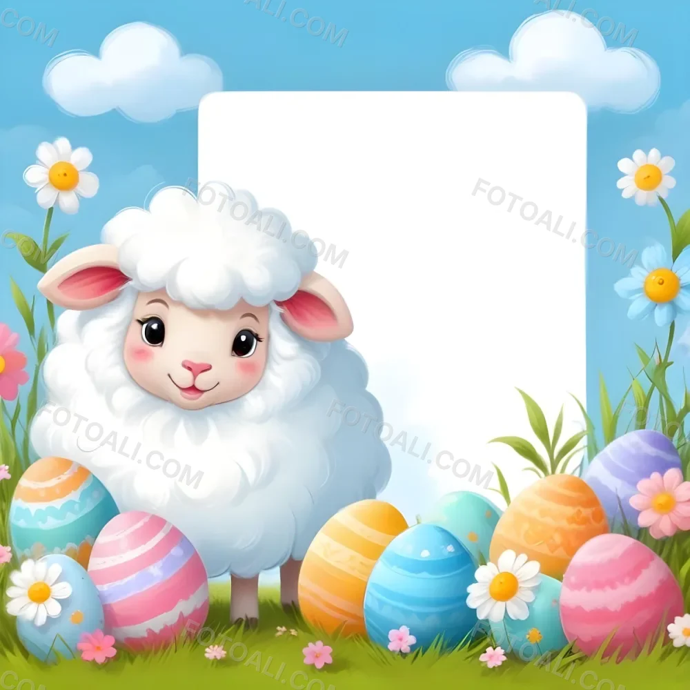 Digital Painting A Cute Cartoon Sheep With Fluffy White Wool And Rosy Cheeks Stands Beside A Blank White Rectangle The Sheep Has Large Expressive Eyes And Pink Ears Surrounding The Sheep Are Colorful Easter Eggs In 68 B1d7