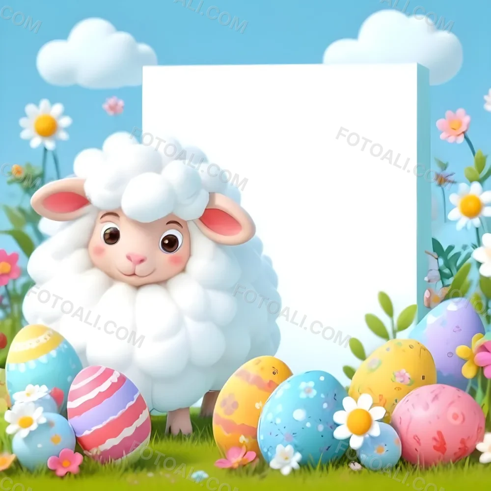 Digital Painting A Cute Cartoon Sheep With Fluffy White Wool And Rosy Cheeks Stands Beside A Blank White Rectangle The Sheep Has Large Expressive Eyes And Pink Ears Surrounding The Sheep Are Colorful Easter Eggs In 7 Fde4