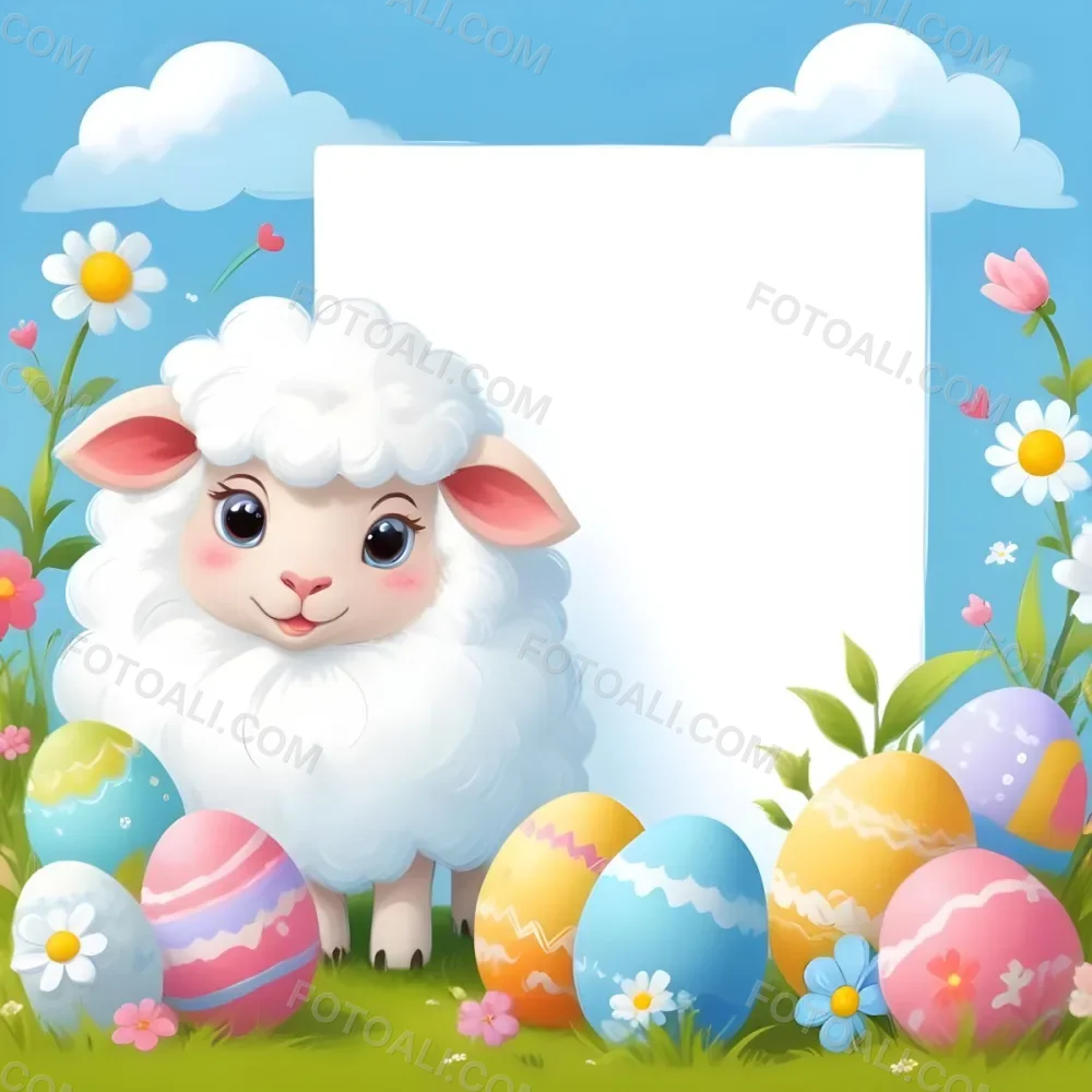 Digital Painting A Cute Cartoon Sheep With Fluffy White Wool And Rosy Cheeks Stands Beside A Blank White Rectangle The Sheep Has Large Expressive Eyes And Pink Ears Surrounding The Sheep Are Colorful Easter Eggs In 70 7a6b