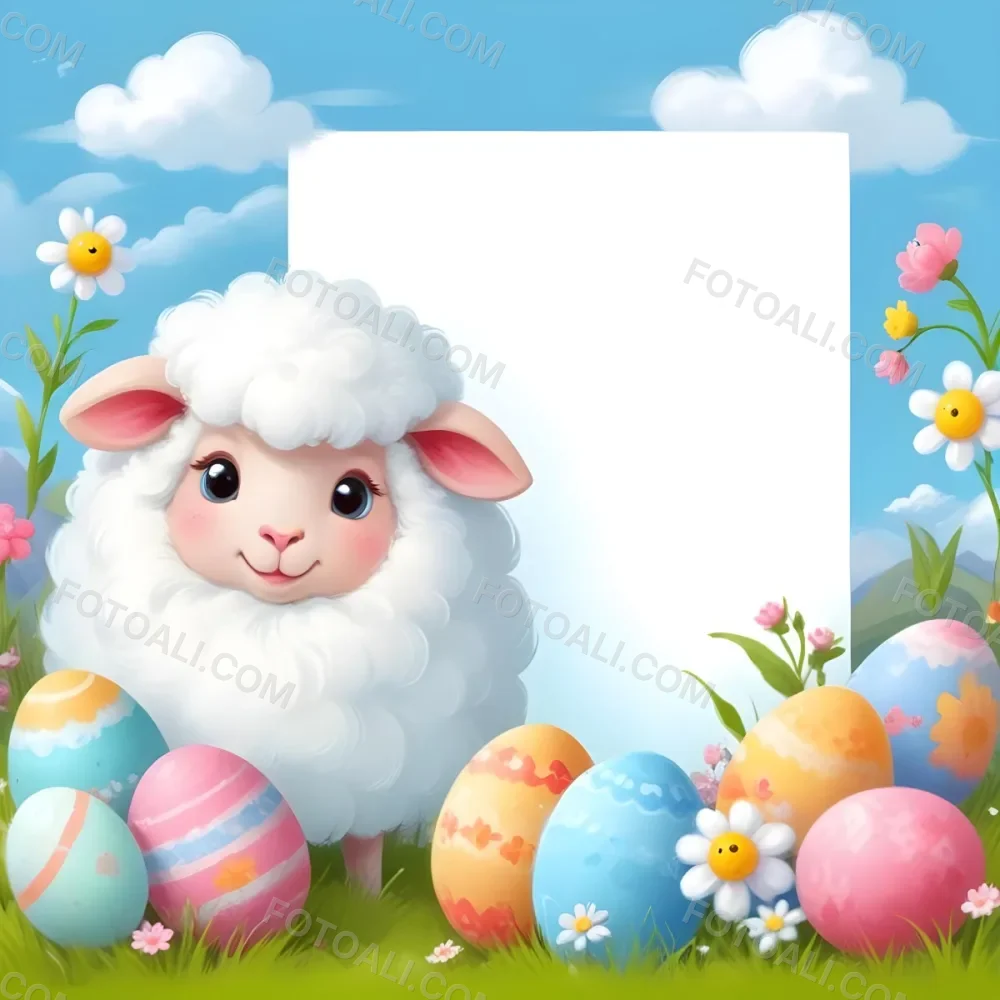 Digital Painting A Cute Cartoon Sheep With Fluffy White Wool And Rosy Cheeks Stands Beside A Blank White Rectangle The Sheep Has Large Expressive Eyes And Pink Ears Surrounding The Sheep Are Colorful Easter Eggs In 81 2889