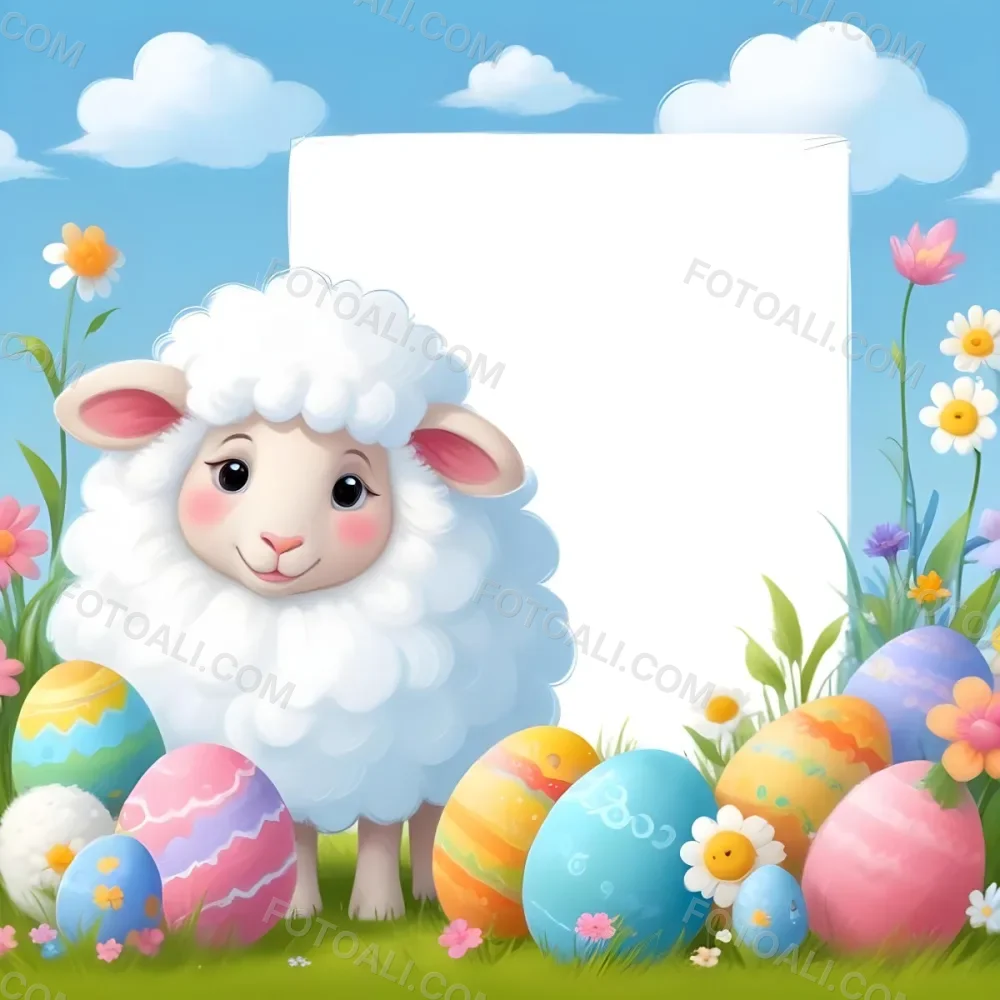 Digital Painting A Cute Cartoon Sheep With Fluffy White Wool And Rosy Cheeks Stands Beside A Blank White Rectangle The Sheep Has Large Expressive Eyes And Pink Ears Surrounding The Sheep Are Colorful Easter Eggs In 82 B77f