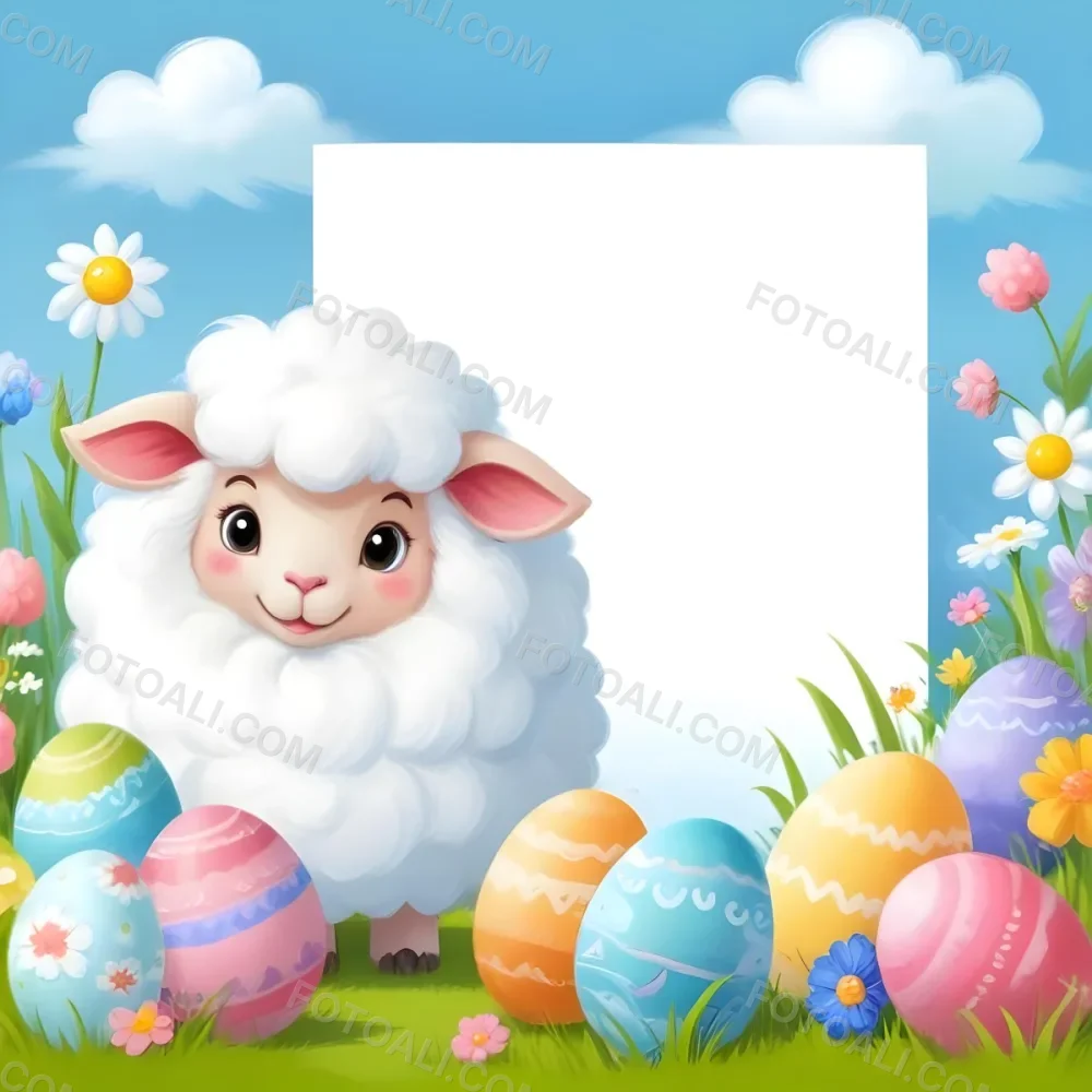 Digital Painting A Cute Cartoon Sheep With Fluffy White Wool And Rosy Cheeks Stands Beside A Blank White Rectangle The Sheep Has Large Expressive Eyes And Pink Ears Surrounding The Sheep Are Colorful Easter Eggs In 83 2b27