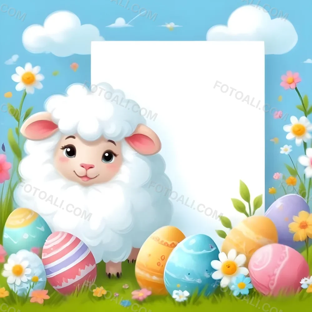 Digital Painting A Cute Cartoon Sheep With Fluffy White Wool And Rosy Cheeks Stands Beside A Blank White Rectangle The Sheep Has Large Expressive Eyes And Pink Ears Surrounding The Sheep Are Colorful Easter Eggs In 84 4f16