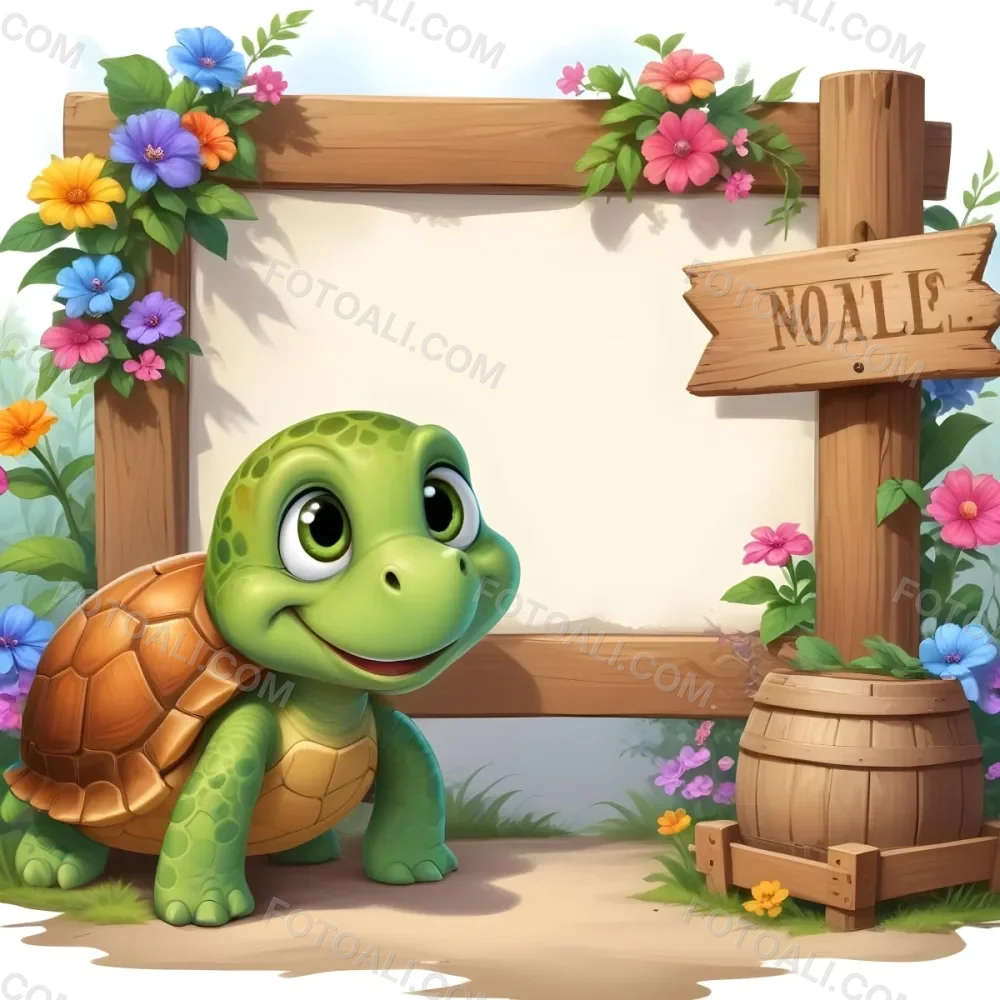 Digital Painting A Cute Green Turtle With Big Expressive Eyes Stands Next To A Wooden Signpost The Turtle Has A Green Shell And A Friendly Smile In The Background There Is A Blank Wooden Sign Framed By Colorful Flow 21 549f