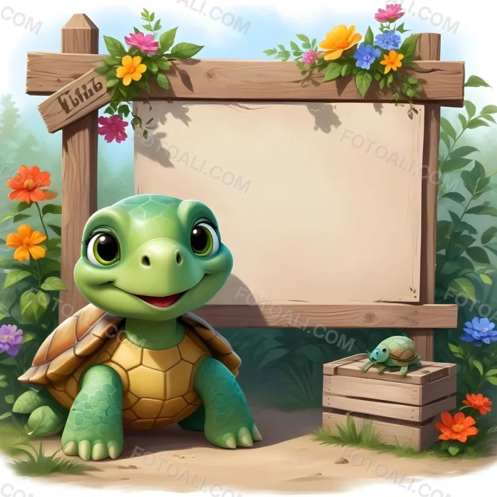 Digital Painting A Cute Green Turtle With Big Expressive Eyes Stands Next To A Wooden Signpost The Turtle Has A Green Shell And A Friendly Smile In The Background There Is A Blank Wooden Sign Framed By Colorful Flow 25 37b1