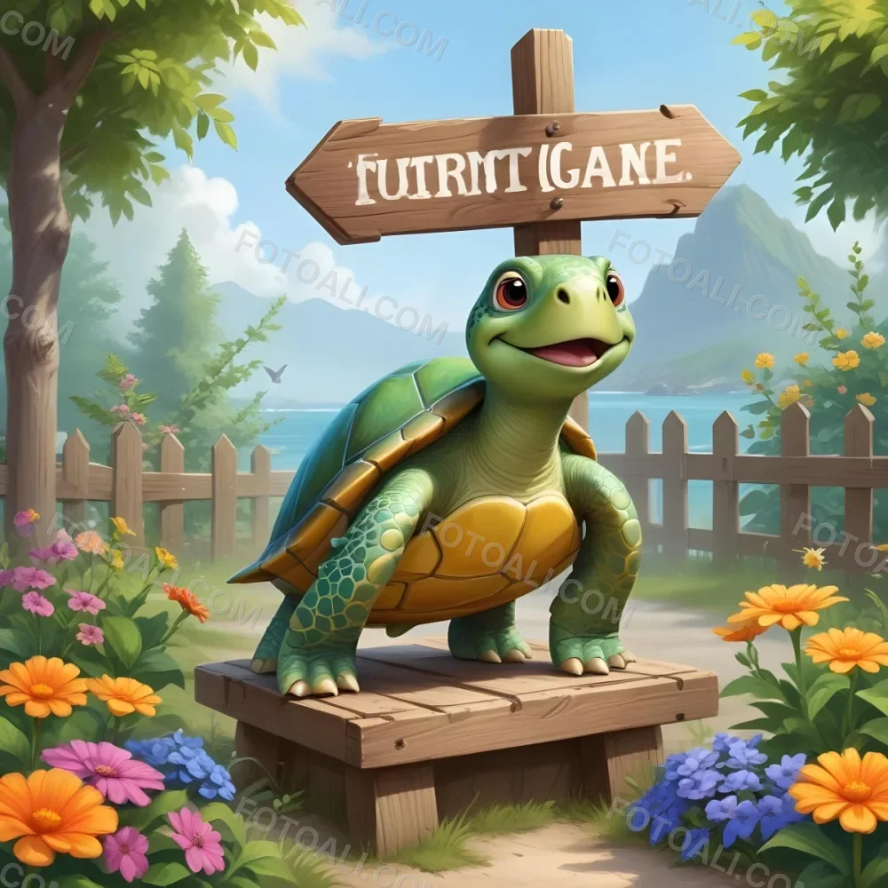 Digital Painting A Cute Green Turtle With Big Expressive Eyes Stands Next To A Wooden Signpost The Turtle Has A Green Shell And A Friendly Smile In The Background There Is A Blank Wooden Sign Framed By Colorful Flow 29 Fa65