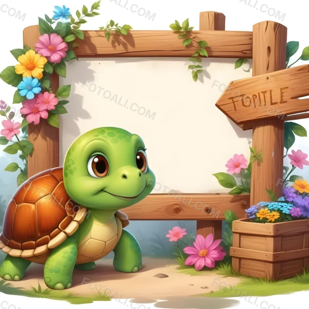 Digital Painting A Cute Green Turtle With Big Expressive Eyes Stands Next To A Wooden Signpost The Turtle Has A Green Shell And A Friendly Smile In The Background There Is A Blank Wooden Sign Framed By Colorful Flow 42 8523