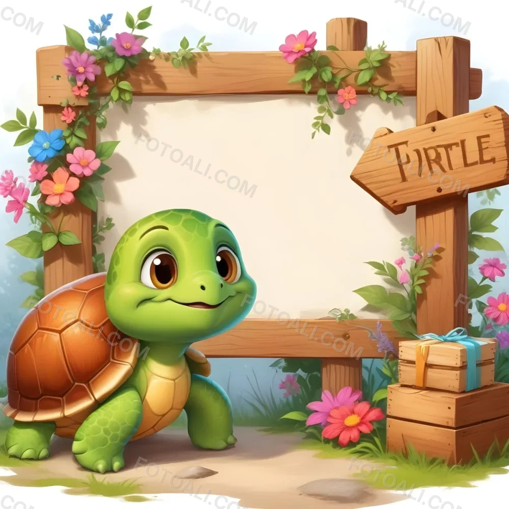 Digital Painting A Cute Green Turtle With Big Expressive Eyes Stands Next To A Wooden Signpost The Turtle Has A Green Shell And A Friendly Smile In The Background There Is A Blank Wooden Sign Framed By Colorful Flow 43 5228