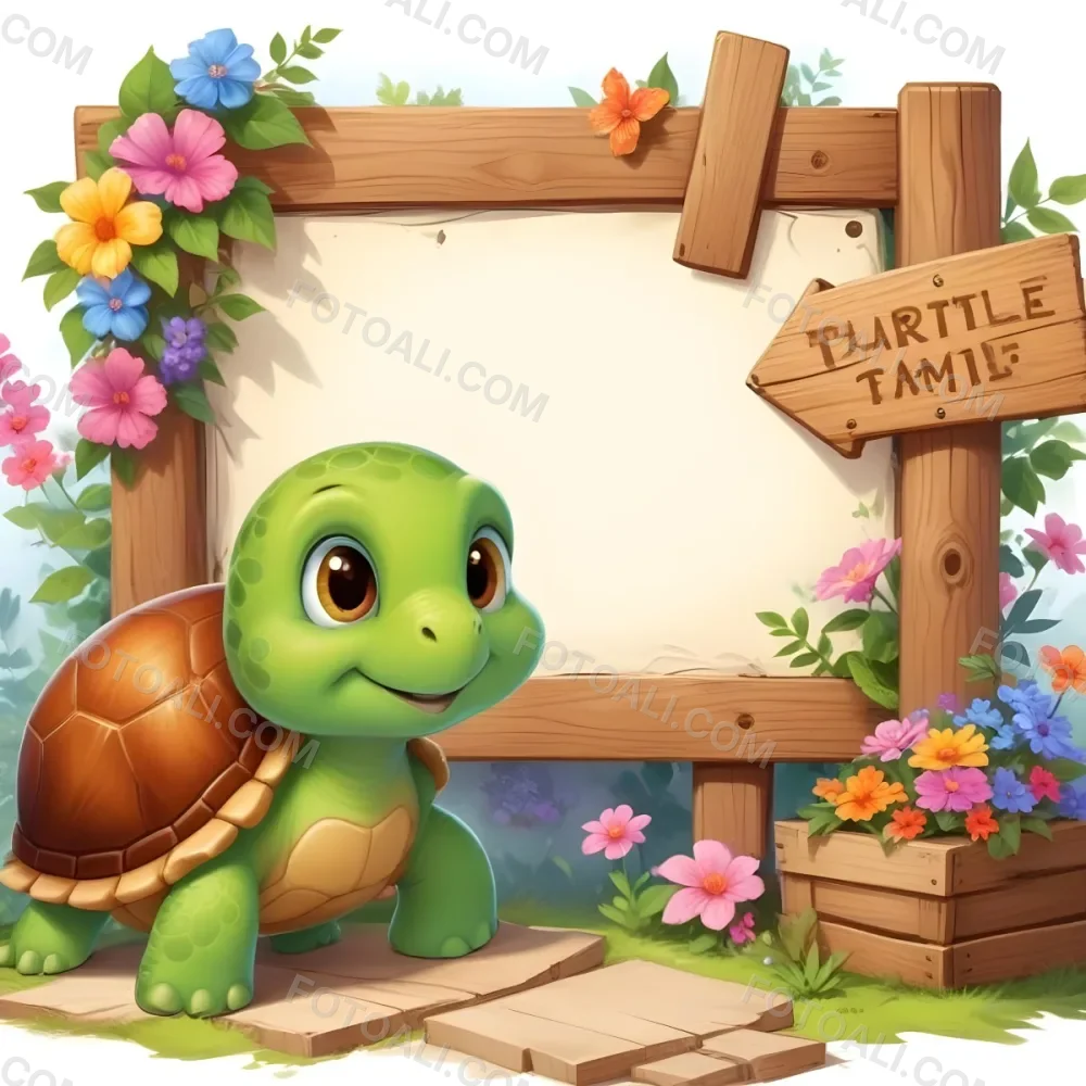 Digital Painting A Cute Green Turtle With Big Expressive Eyes Stands Next To A Wooden Signpost The Turtle Has A Green Shell And A Friendly Smile In The Background There Is A Blank Wooden Sign Framed By Colorful Flow 44 2b28