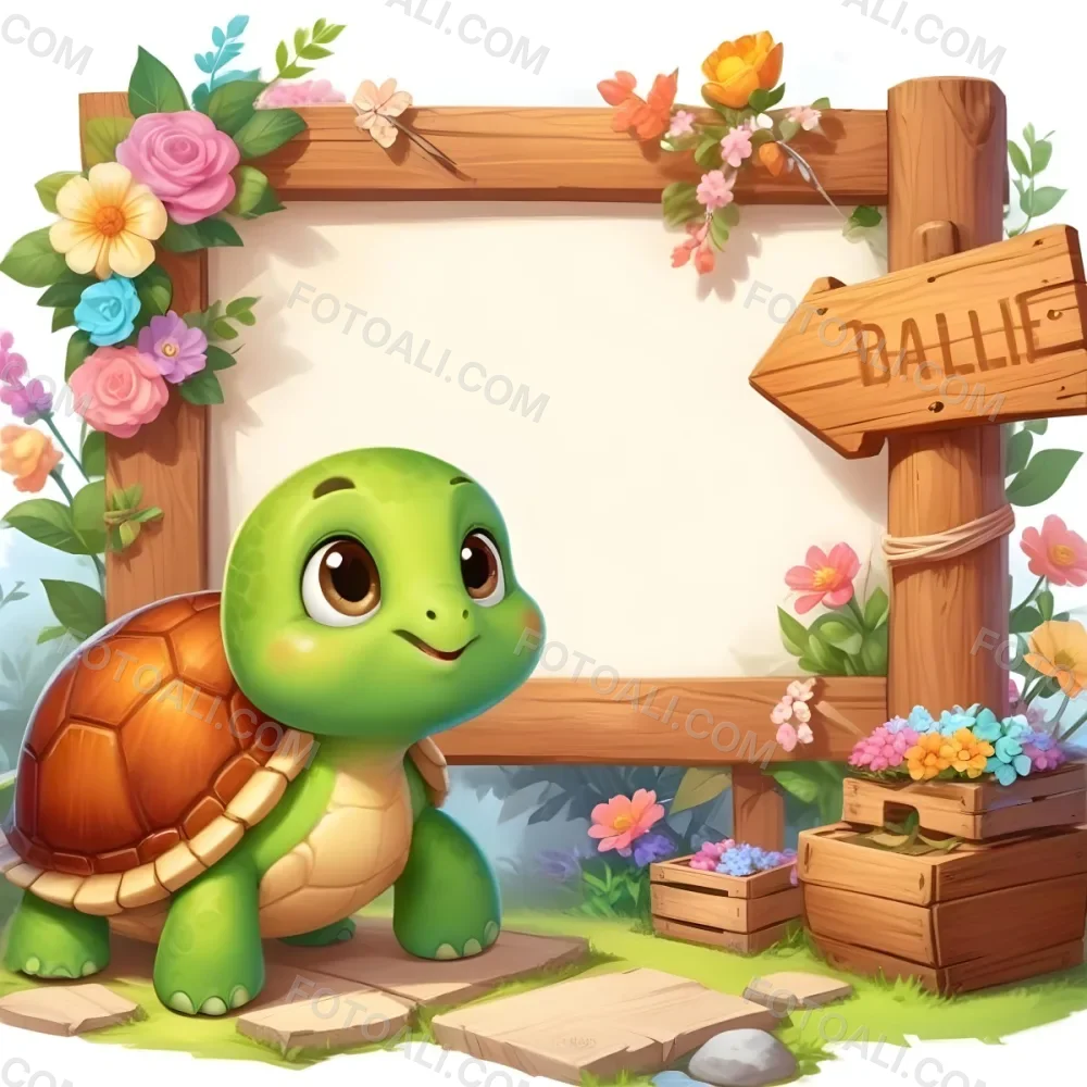 Digital Painting A Cute Green Turtle With Big Expressive Eyes Stands Next To A Wooden Signpost The Turtle Has A Green Shell And A Friendly Smile In The Background There Is A Blank Wooden Sign Framed By Colorful Flow 45 4659