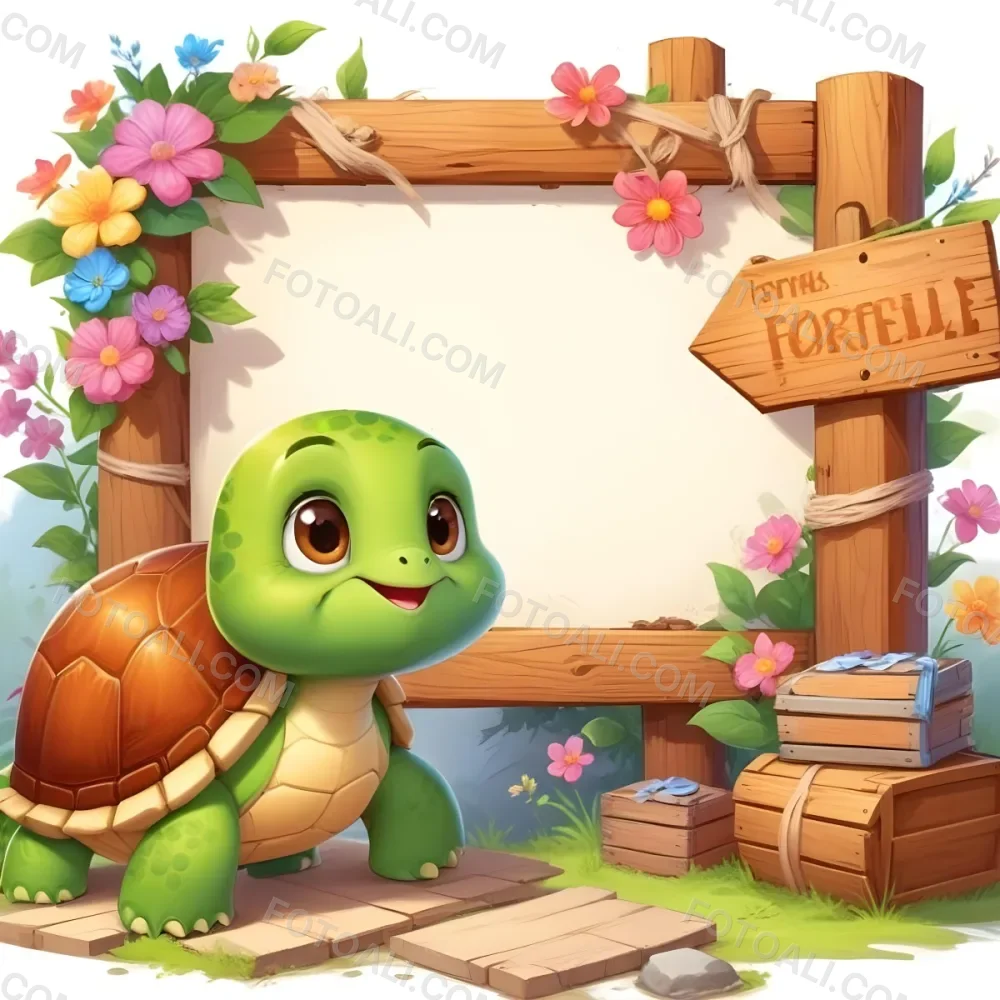 Digital Painting A Cute Green Turtle With Big Expressive Eyes Stands Next To A Wooden Signpost The Turtle Has A Green Shell And A Friendly Smile In The Background There Is A Blank Wooden Sign Framed By Colorful Flow 46 F00e