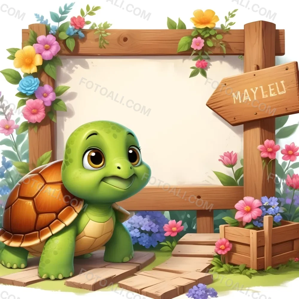 Digital Painting A Cute Green Turtle With Big Expressive Eyes Stands Next To A Wooden Signpost The Turtle Has A Green Shell And A Friendly Smile In The Background There Is A Blank Wooden Sign Framed By Colorful Flow 5 167c