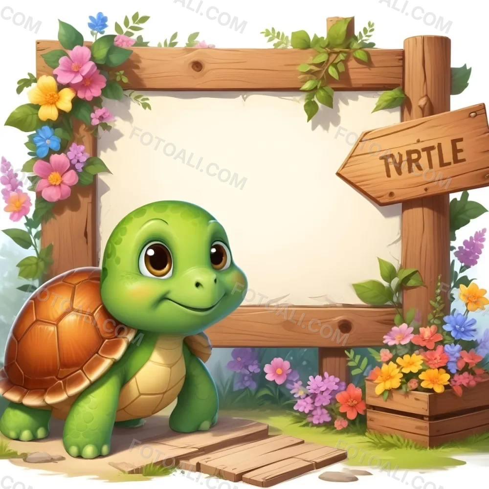 Digital Painting A Cute Green Turtle With Big Expressive Eyes Stands Next To A Wooden Signpost The Turtle Has A Green Shell And A Friendly Smile In The Background There Is A Blank Wooden Sign Framed By Colorful Flow 6 A329
