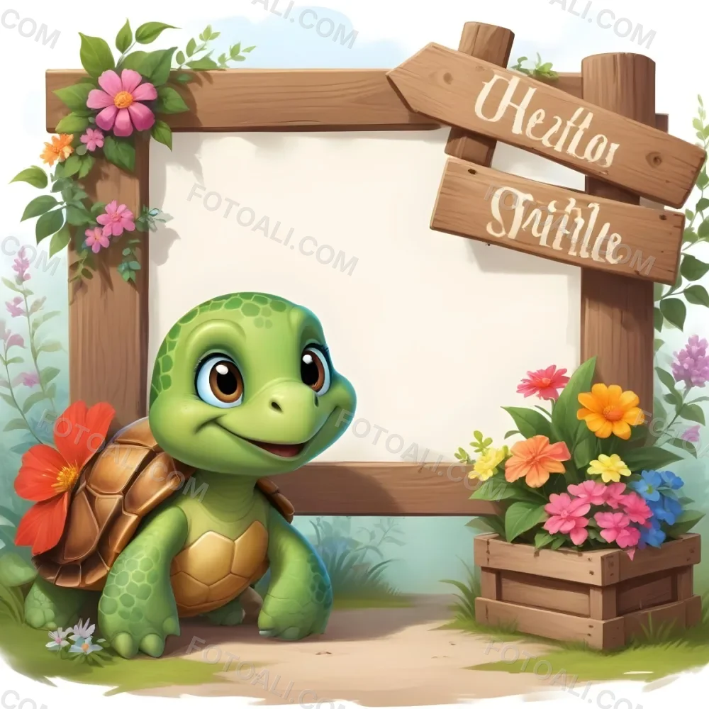 Digital Painting A Cute Green Turtle With Big Expressive Eyes Stands Next To A Wooden Signpost The Turtle Has A Green Shell And A Friendly Smile In The Background There Is A Blank Wooden Sign Framed By Colorful Flow 9 13f3