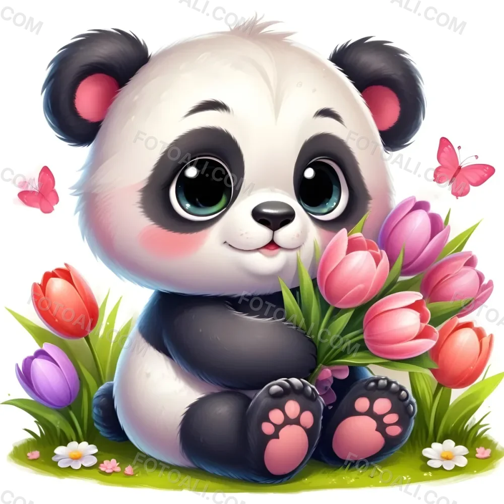 Digital Painting A Cute Panda Bear Holding A Bouquet Of Tulips Sitting On A Green Grass Field With Grass A Pink Butterfly And A Pink Heart In The Background Bold And Slim Lines Brush Strokes 10 84b3