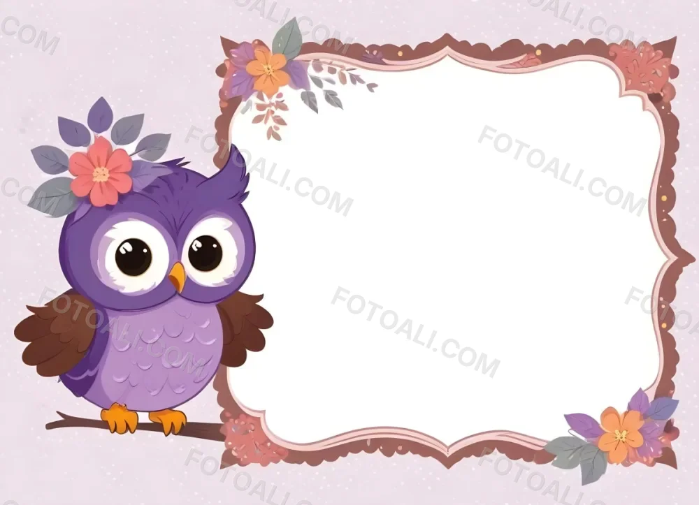 Digital Painting A Cute Purple Owl With Big Eyes And A Flower On Its Head Is Positioned On The Left Side Of A Blank Scalloped Frame The Owl Has A Polka Dotted Body And Brown Wings The Background Features A Subtle Flor 15 56ed