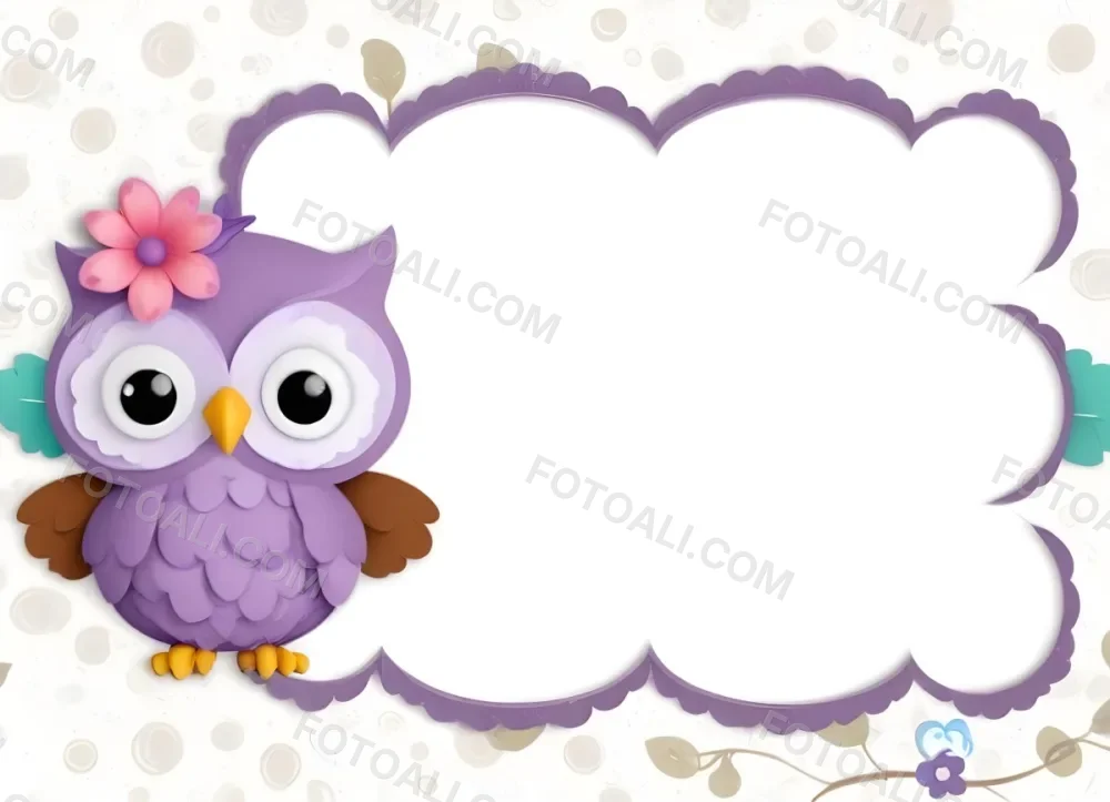 Digital Painting A Cute Purple Owl With Big Eyes And A Flower On Its Head Is Positioned On The Left Side Of A Blank Scalloped Frame The Owl Has A Polka Dotted Body And Brown Wings The Background Features A Subtle Flor 55 7ecb