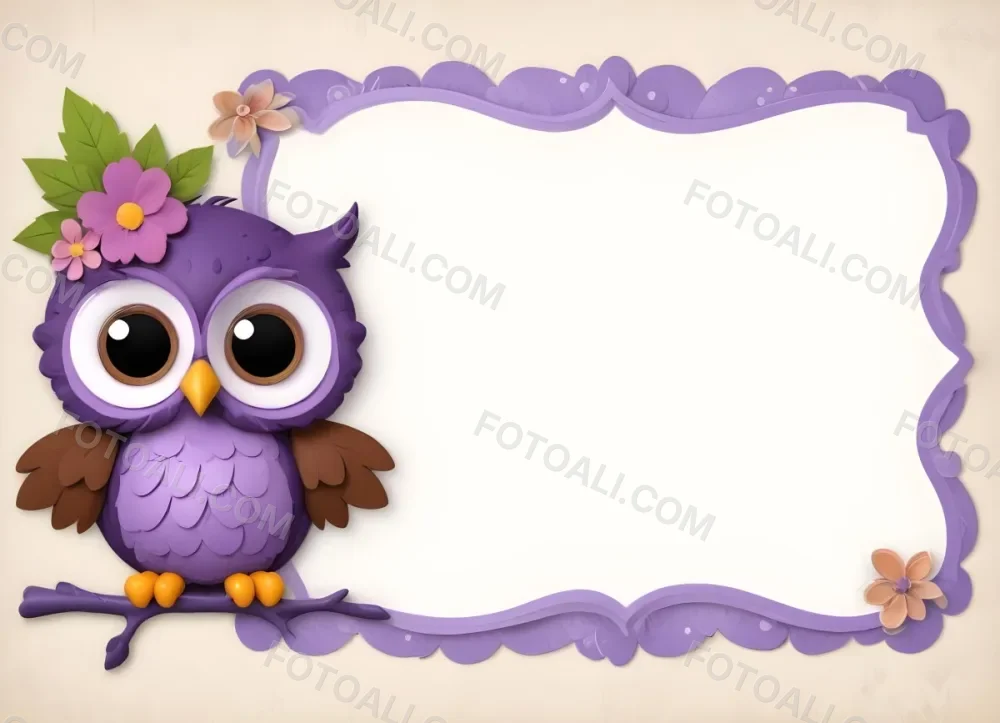 Digital Painting A Cute Purple Owl With Big Eyes And A Flower On Its Head Is Positioned On The Left Side Of A Blank Scalloped Frame The Owl Has A Polka Dotted Body And Brown Wings The Background Features A Subtle Flor 59 C4bf