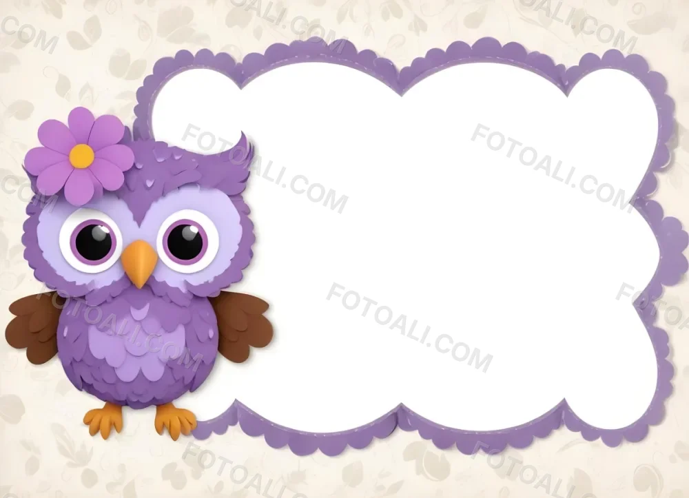 Digital Painting A Cute Purple Owl With Big Eyes And A Flower On Its Head Is Positioned On The Left Side Of A Blank Scalloped Frame The Owl Has A Polka Dotted Body And Brown Wings The Background Features A Subtle Flor 62 9362