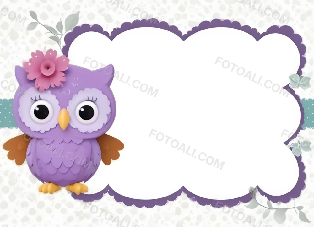 Digital Painting A Cute Purple Owl With Big Eyes And A Flower On Its Head Is Positioned On The Left Side Of A Blank Scalloped Frame The Owl Has A Polka Dotted Body And Brown Wings The Background Features A Subtle Flor 64 Cd3e