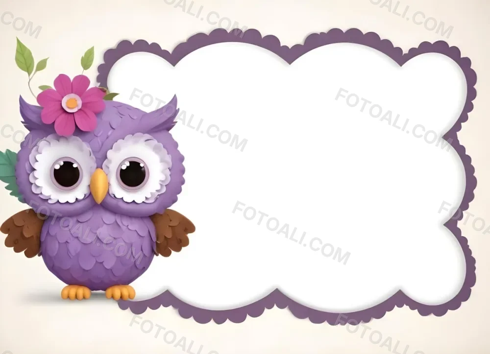 Digital Painting A Cute Purple Owl With Big Eyes And A Flower On Its Head Is Positioned On The Left Side Of A Blank Scalloped Frame The Owl Has A Polka Dotted Body And Brown Wings The Background Features A Subtle Flor 68 7200