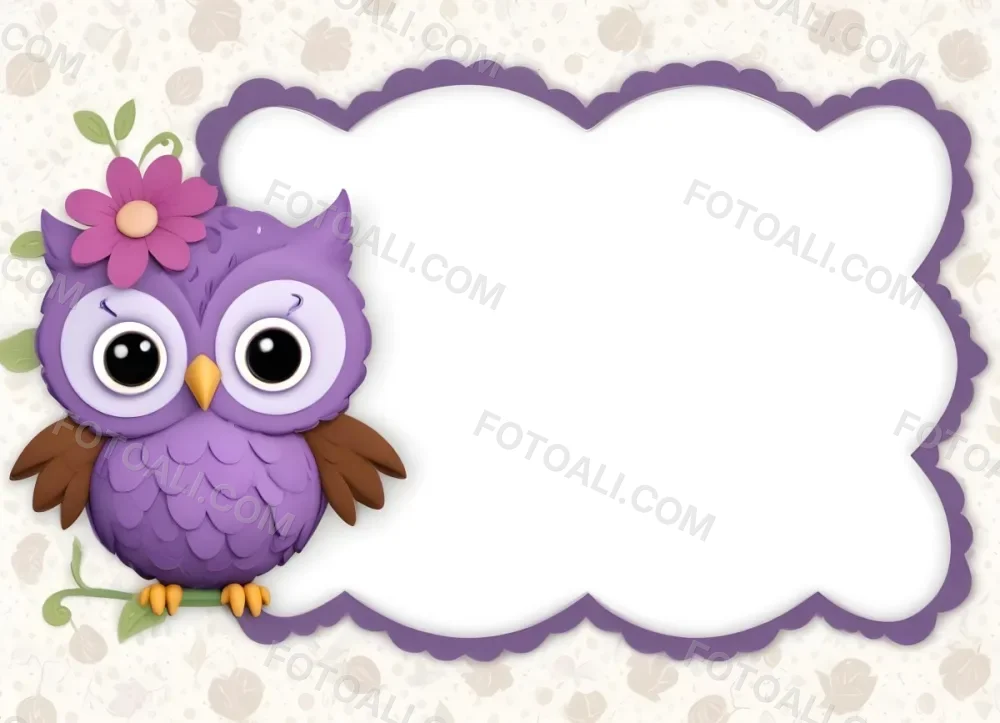 Digital Painting A Cute Purple Owl With Big Eyes And A Flower On Its Head Is Positioned On The Left Side Of A Blank Scalloped Frame The Owl Has A Polka Dotted Body And Brown Wings The Background Features A Subtle Flor 71 8400