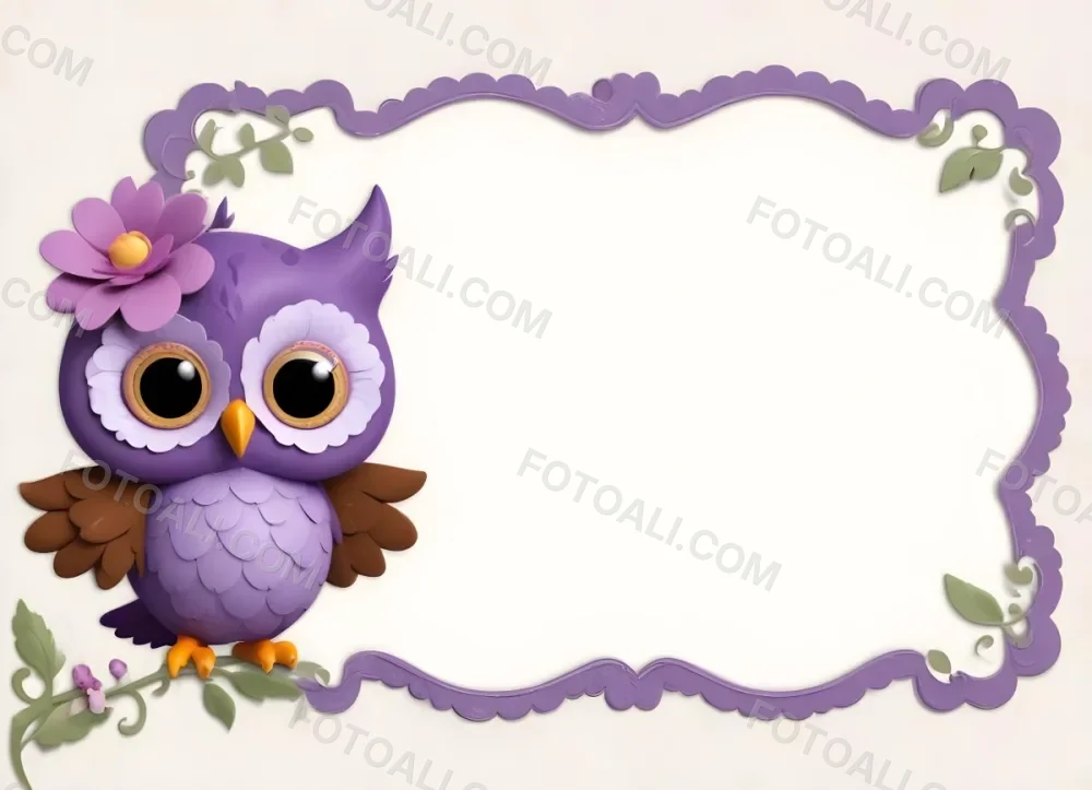 Digital Painting A Cute Purple Owl With Big Eyes And A Flower On Its Head Is Positioned On The Left Side Of A Blank Scalloped Frame The Owl Has A Polka Dotted Body And Brown Wings The Background Features A Subtle Flor 79 Bf5b
