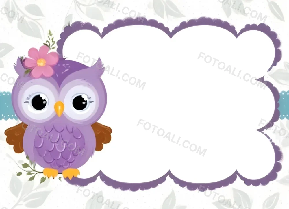 Digital Painting A Cute Purple Owl With Big Eyes And A Flower On Its Head Is Positioned On The Left Side Of A Blank Scalloped Frame The Owl Has A Polka Dotted Body And Brown Wings The Background Features A Subtle Flor 8 C67a