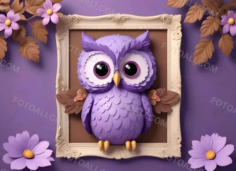 Digital Painting A Cute Purple Owl With Big Eyes And A Flower On Its Head Is Positioned On The Left Side Of A Blank Scalloped Frame The Owl Has A Polka Dotted Body And Brown Wings The Background Features A Subtle Flor 80 3761