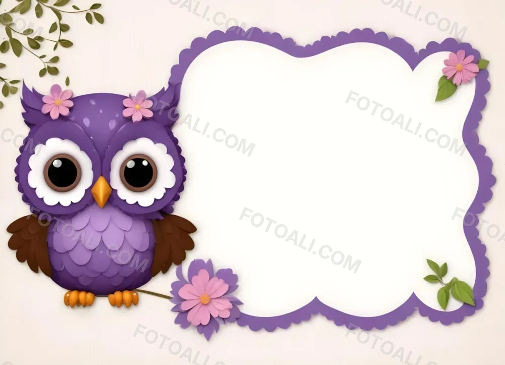 Digital Painting A Cute Purple Owl With Big Eyes And A Flower On Its Head Is Positioned On The Left Side Of A Blank Scalloped Frame The Owl Has A Polka Dotted Body And Brown Wings The Background Features A Subtle Flor 82 Eb47
