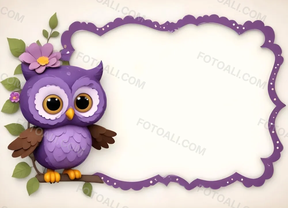 Digital Painting A Cute Purple Owl With Big Eyes And A Flower On Its Head Is Positioned On The Left Side Of A Blank Scalloped Frame The Owl Has A Polka Dotted Body And Brown Wings The Background Features A Subtle Flor 86 4d8b