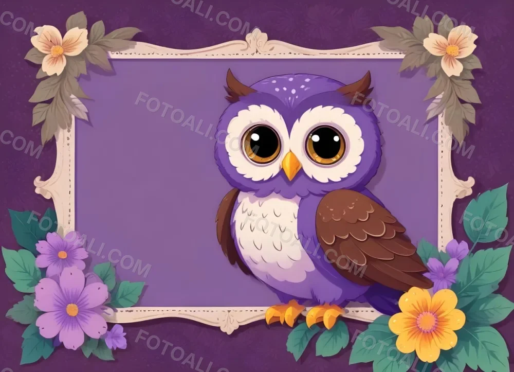 Digital Painting A Cute Purple Owl With Big Eyes And A Flower On Its Head Is Positioned On The Left Side Of A Blank Scalloped Frame The Owl Has A Polka Dotted Body And Brown Wings The Background Features A Subtle Flor 9 82a9