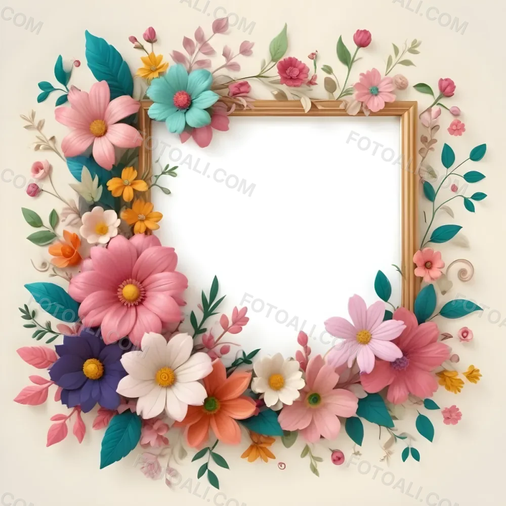 Digital Painting A Decorative Floral Frame Featuring Various Colorful Flowers Including Pink Blooms Along With Green Leaves And Delicate Swirls The Center Is A Blank Space Ideal For Adding Text Or Images Set Agains 12 Bb2a
