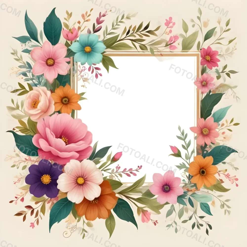 Digital Painting A Decorative Floral Frame Featuring Various Colorful Flowers Including Pink Blooms Along With Green Leaves And Delicate Swirls The Center Is A Blank Space Ideal For Adding Text Or Images Set Agains 18 D155