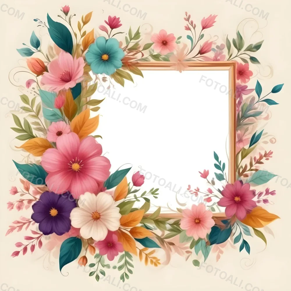 Digital Painting A Decorative Floral Frame Featuring Various Colorful Flowers Including Pink Blooms Along With Green Leaves And Delicate Swirls The Center Is A Blank Space Ideal For Adding Text Or Images Set Agains 26 9cd7