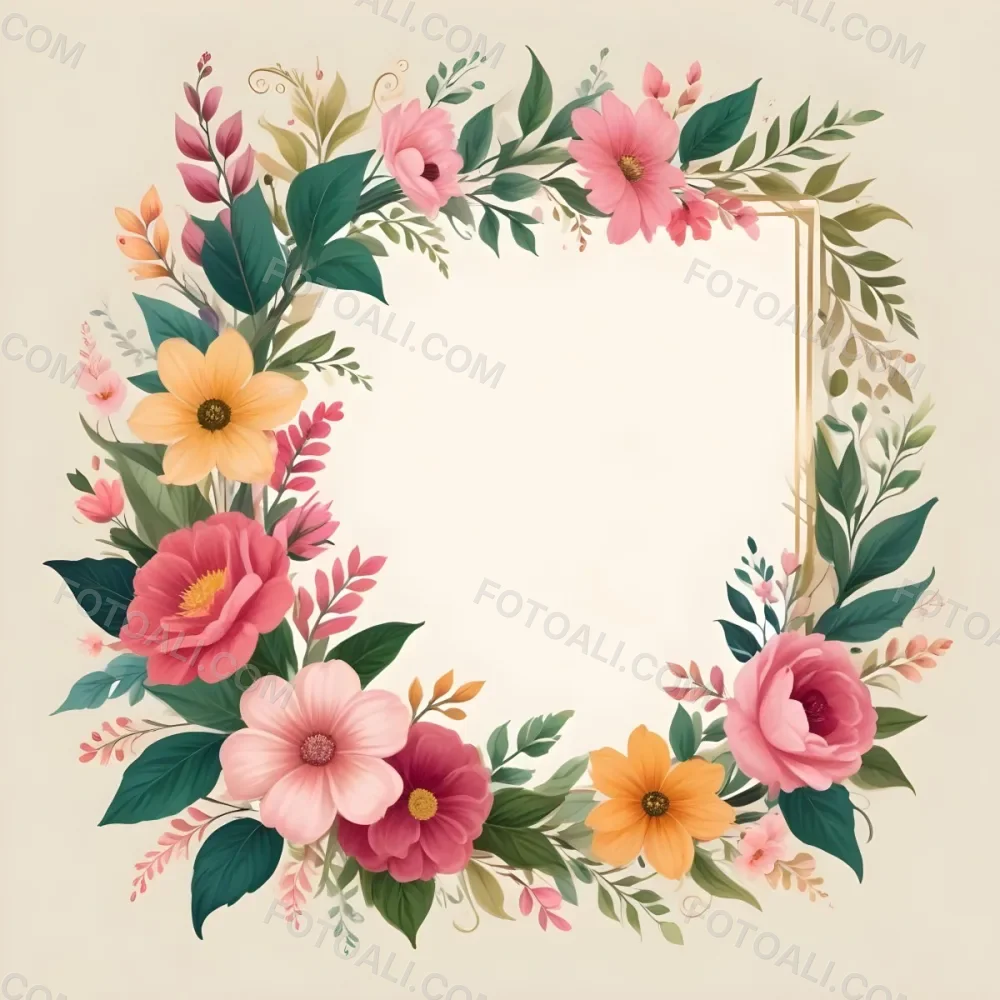 Digital Painting A Decorative Floral Frame Featuring Various Colorful Flowers Including Pink Blooms Along With Green Leaves And Delicate Swirls The Center Is A Blank Space Ideal For Adding Text Or Images Set Agains 29 11ef