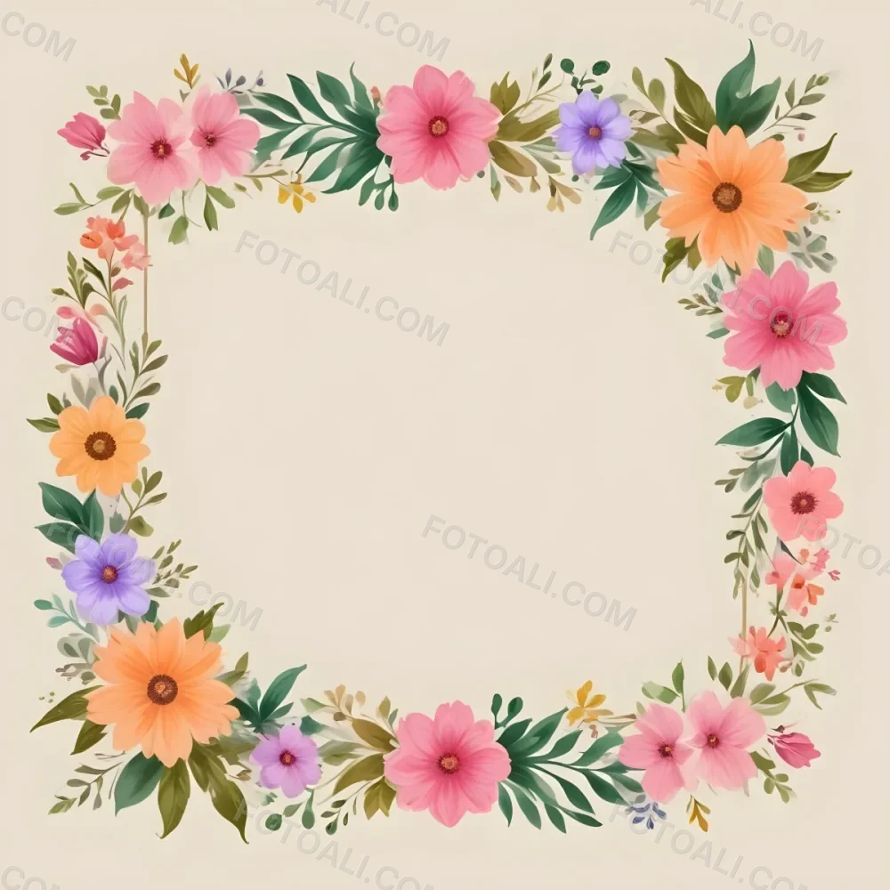 Digital Painting A Decorative Floral Frame Featuring Various Colorful Flowers Including Pink Blooms Along With Green Leaves And Delicate Swirls The Center Is A Blank Space Ideal For Adding Text Or Images Set Agains 41 0d7d