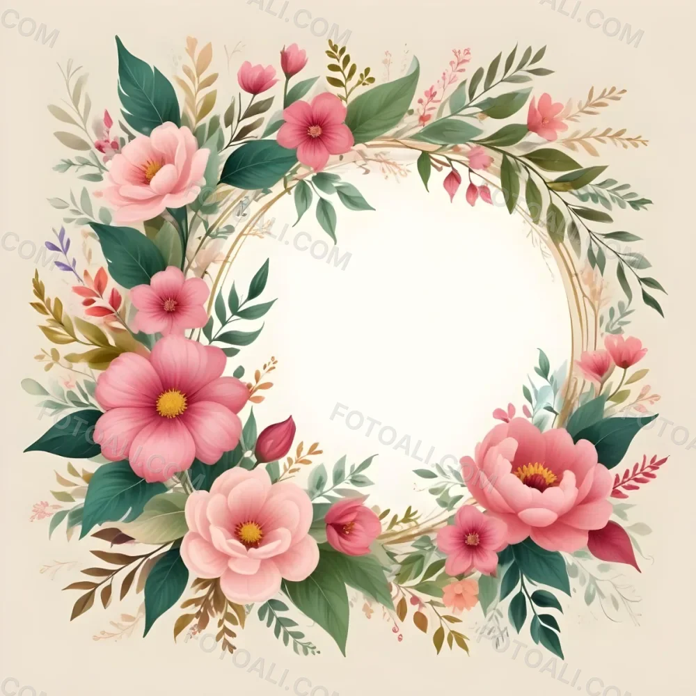 Digital Painting A Decorative Floral Frame Featuring Various Colorful Flowers Including Pink Blooms Along With Green Leaves And Delicate Swirls The Center Is A Blank Space Ideal For Adding Text Or Images Set Agains 42 748d