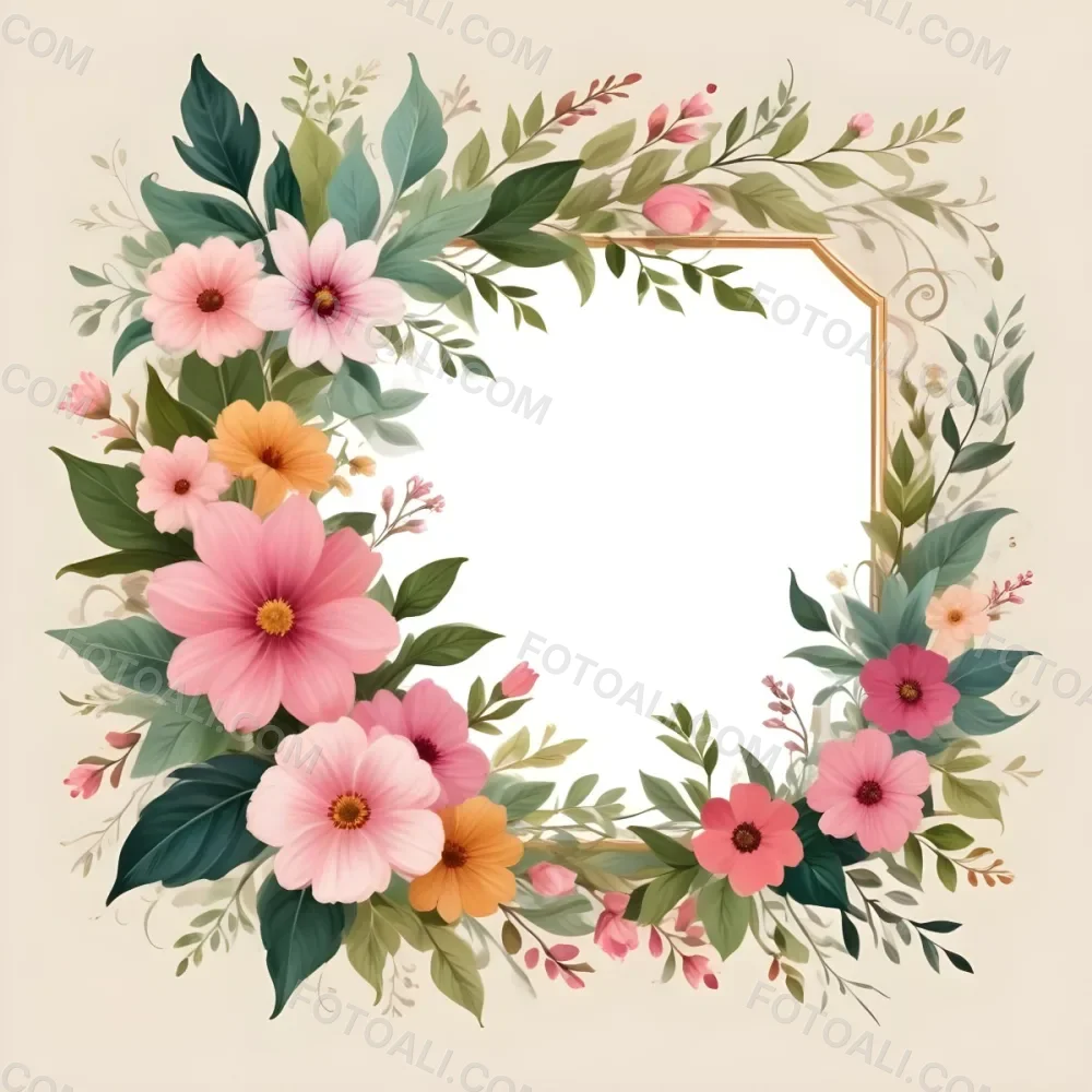 Digital Painting A Decorative Floral Frame Featuring Various Colorful Flowers Including Pink Blooms Along With Green Leaves And Delicate Swirls The Center Is A Blank Space Ideal For Adding Text Or Images Set Agains 46 5496