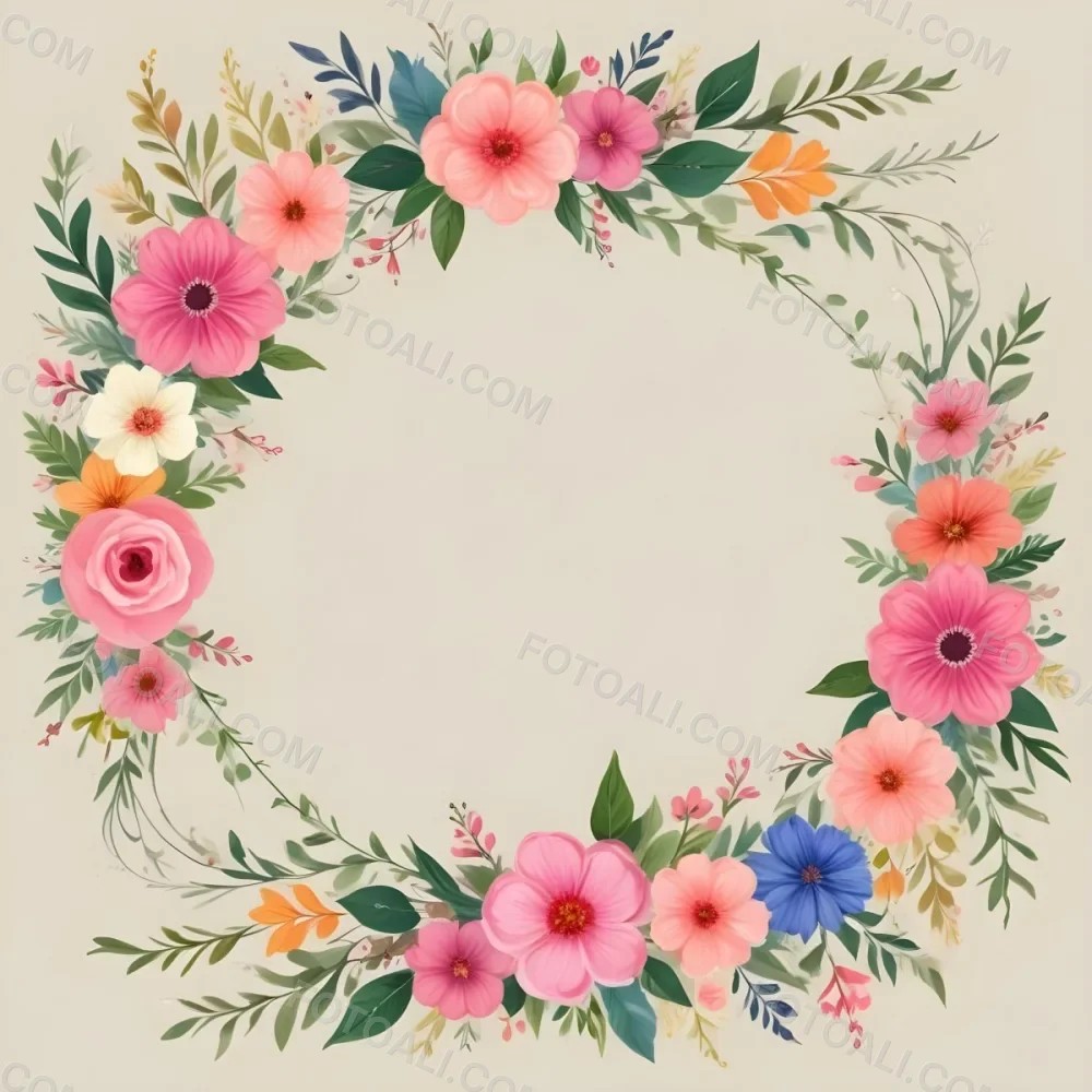 Digital Painting A Decorative Floral Frame Featuring Various Colorful Flowers Including Pink Blooms Along With Green Leaves And Delicate Swirls The Center Is A Blank Space Ideal For Adding Text Or Images Set Agains 48 E7f1