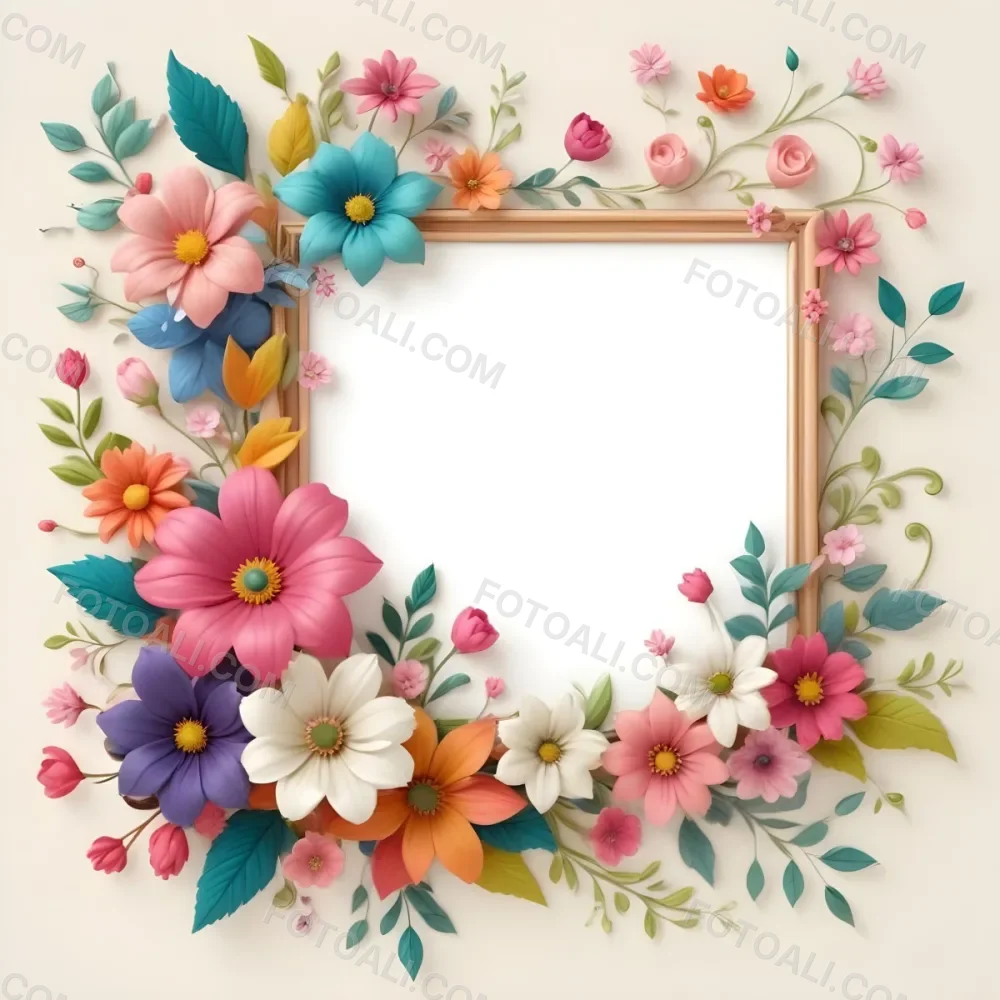 Digital Painting A Decorative Floral Frame Featuring Various Colorful Flowers Including Pink Blooms Along With Green Leaves And Delicate Swirls The Center Is A Blank Space Ideal For Adding Text Or Images Set Agains 6 1f9a