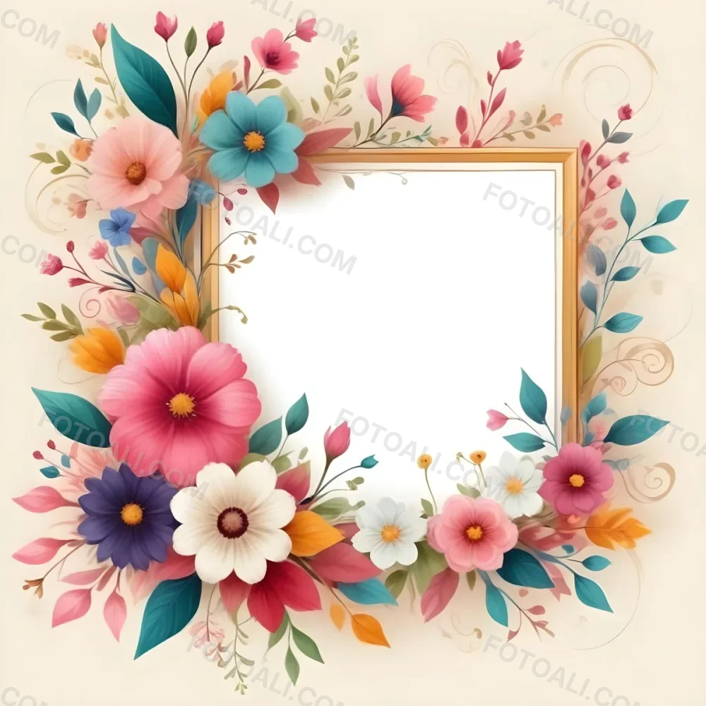Digital Painting A Decorative Floral Frame Featuring Various Colorful Flowers Including Pink Blooms Along With Green Leaves And Delicate Swirls The Center Is A Blank Space Ideal For Adding Text Or Images Set Agains 7 A595