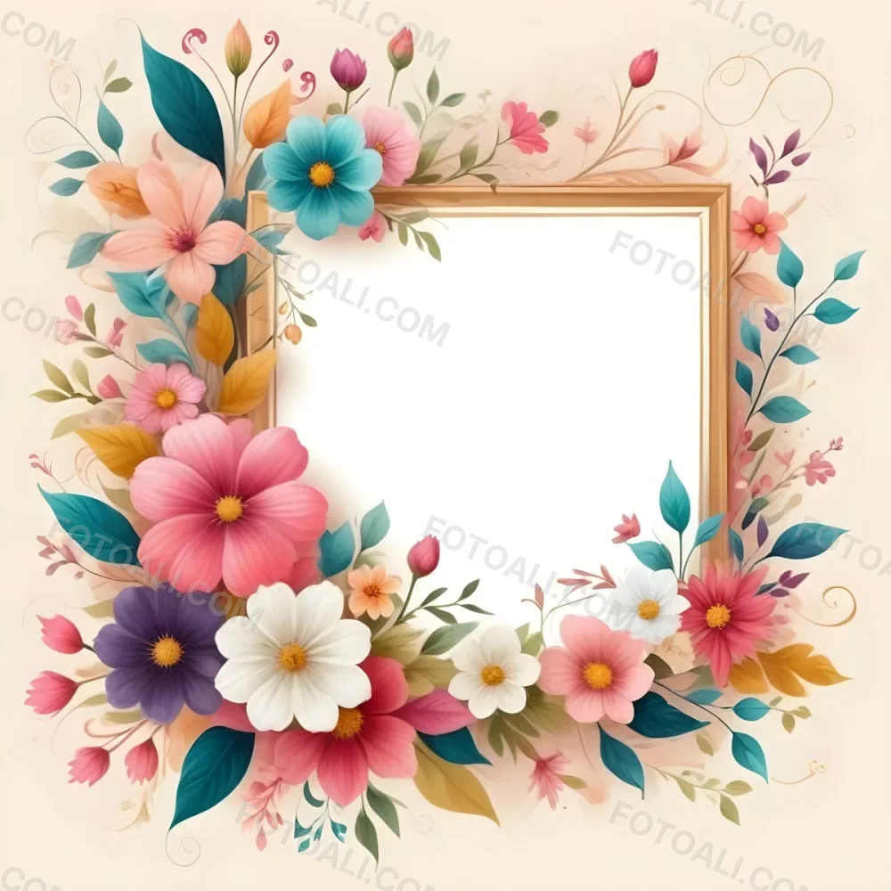 Digital Painting A Decorative Floral Frame Featuring Various Colorful Flowers Including Pink Blooms Along With Green Leaves And Delicate Swirls The Center Is A Blank Space Ideal For Adding Text Or Images Set Agains 9 F419