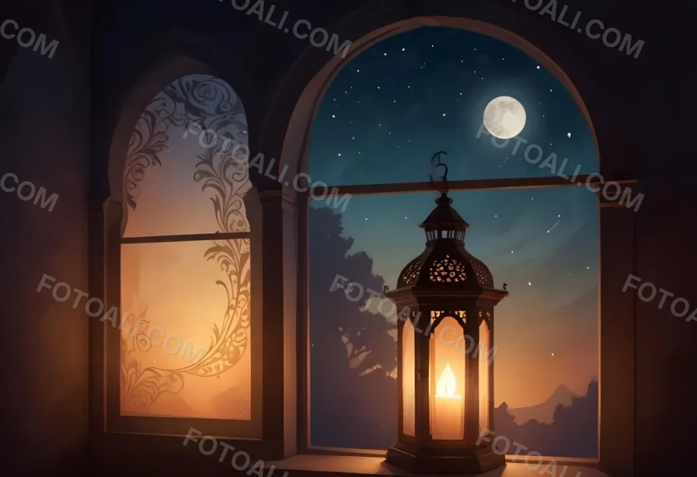 Digital Painting A Decorative Lantern With Intricate Designs Casting A Warm Glow Set Against A Backdrop Of A Crescent Moon In A Dark Sky Seen Through An Arched Window Bold And Slim Lines Brush Strokes 12 Ce24