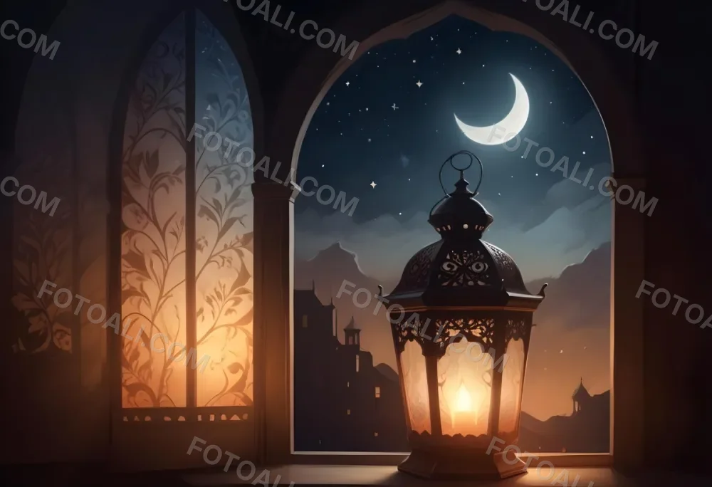 Digital Painting A Decorative Lantern With Intricate Designs Casting A Warm Glow Set Against A Backdrop Of A Crescent Moon In A Dark Sky Seen Through An Arched Window Bold And Slim Lines Brush Strokes 13 Bf7c