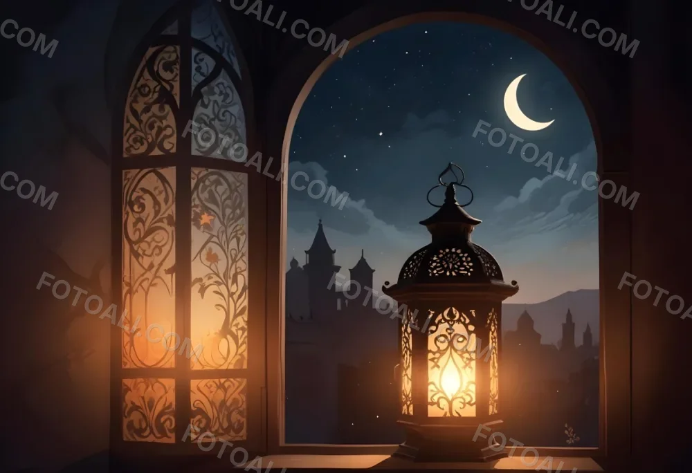 Digital Painting A Decorative Lantern With Intricate Designs Casting A Warm Glow Set Against A Backdrop Of A Crescent Moon In A Dark Sky Seen Through An Arched Window Bold And Slim Lines Brush Strokes 17 828e