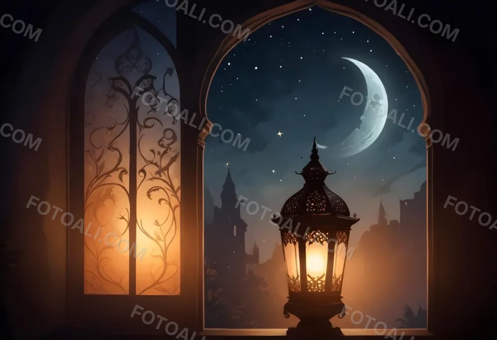 Digital Painting A Decorative Lantern With Intricate Designs Casting A Warm Glow Set Against A Backdrop Of A Crescent Moon In A Dark Sky Seen Through An Arched Window Bold And Slim Lines Brush Strokes 2 B155