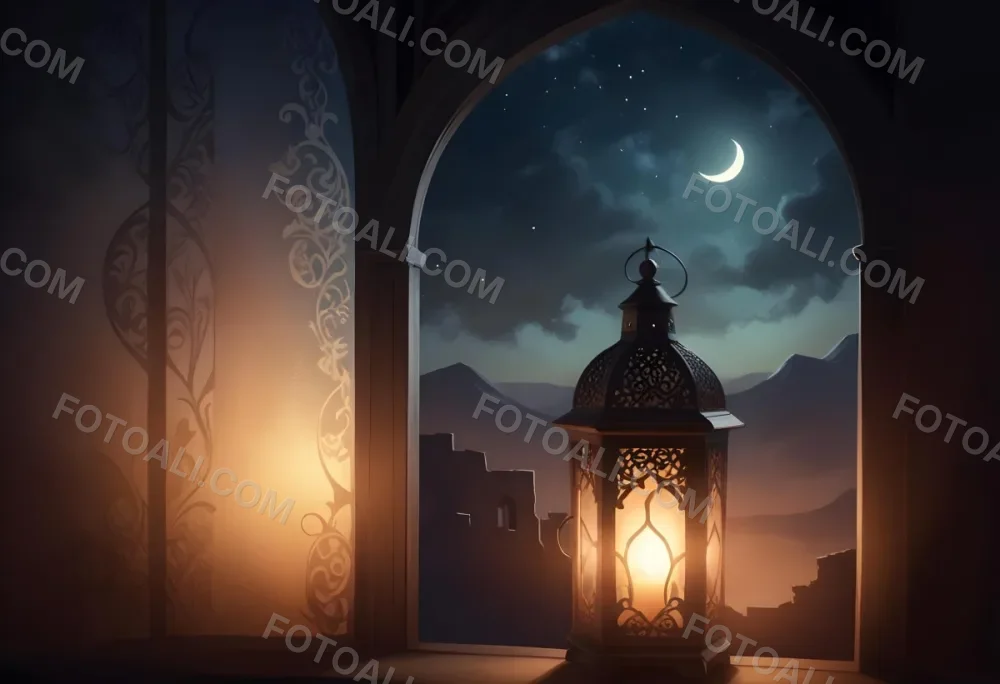 Digital Painting A Decorative Lantern With Intricate Designs Casting A Warm Glow Set Against A Backdrop Of A Crescent Moon In A Dark Sky Seen Through An Arched Window Bold And Slim Lines Brush Strokes 23 4712