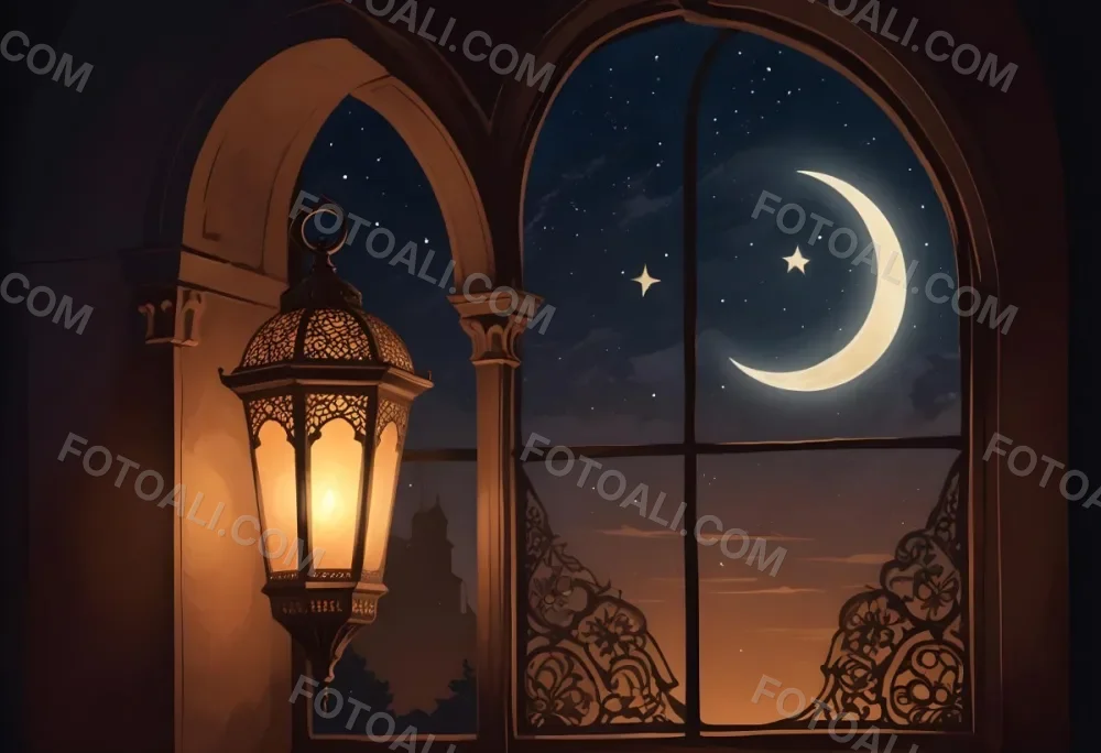 Digital Painting A Decorative Lantern With Intricate Designs Casting A Warm Glow Set Against A Backdrop Of A Crescent Moon In A Dark Sky Seen Through An Arched Window Bold And Slim Lines Brush Strokes 3 94cd